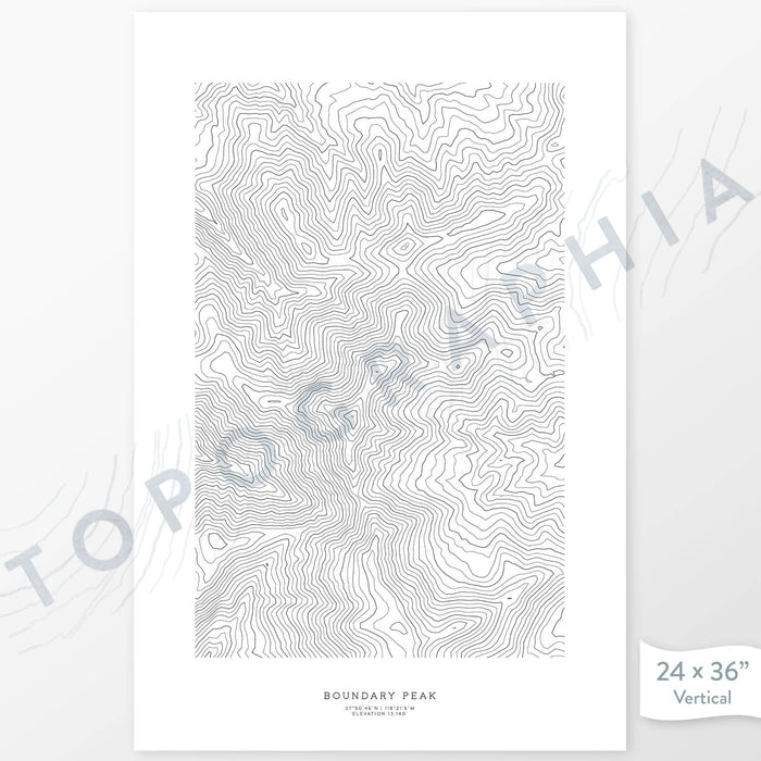 Map wall print of Boundary Peak, Nevada with topography art.