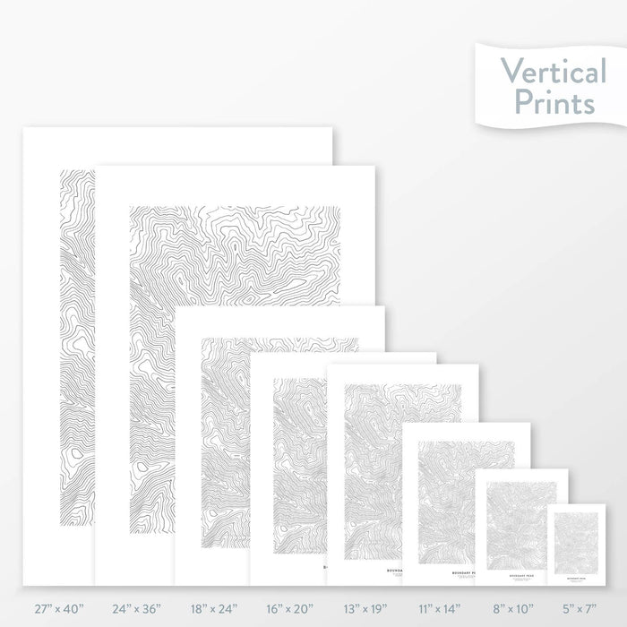 Available sizes for Boundary Peak, Nevada topographic maps. 5x7, 8x10, 11x14, 16x20, 18x24, 24x36, and 27x40 posters shown. as black and white prints on a gray background.