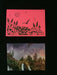 Card features evening nature scene with fish, crab, and seagull on pink paper. Envelope features photograph of a tree-lined cliff with a waterfall and purple sky.