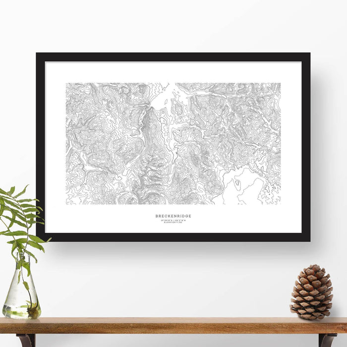 Framed black and white print of Breckenridge, Colorado topography art. Text can be added to create a custom map poster as a travel gift.