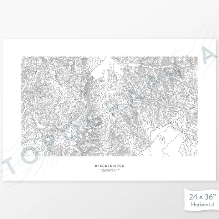 Horizontal custom topo map print of Breckenridge, Colorado. Contour lines show the steep slopes and topography of the area. Ski area map art.