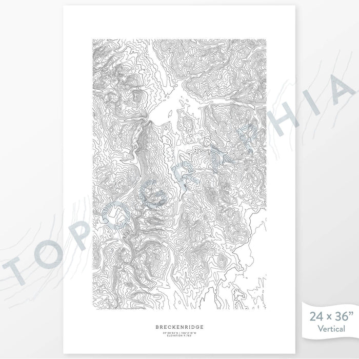 Breckenridge, Colorado ski area poster with topograpy contour lines in black on a white background. Customizable text makes it a great map art gift idea.