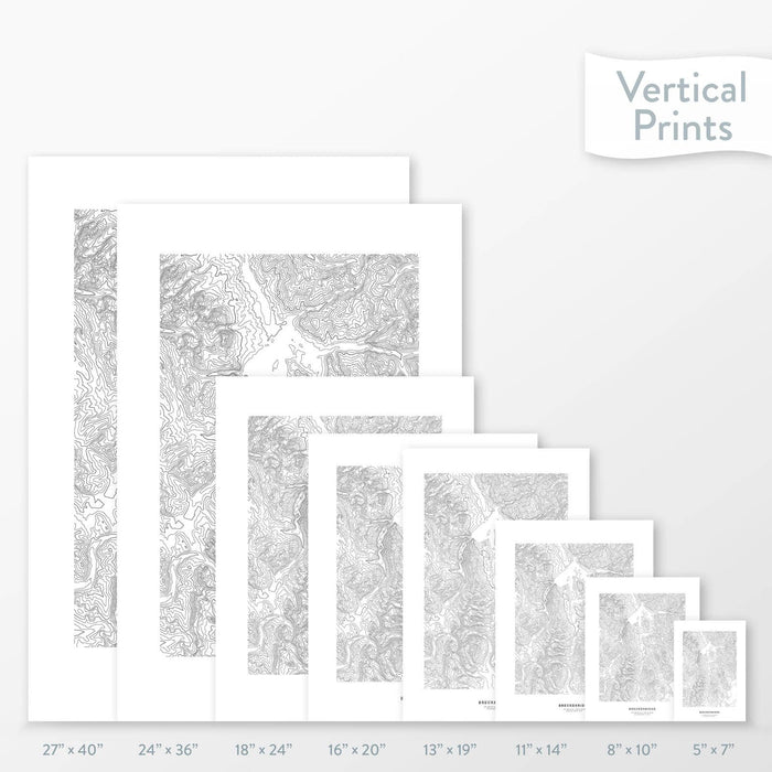 Side-by-side comparison of 8 dimension options for adventure travel art. Prints are decorative topographic maps of Breckenridge ski area in Colorado.
