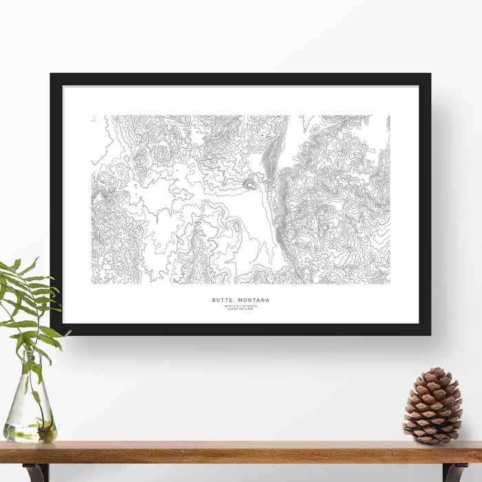 Butte, Montana topographic map art poster with black frame.