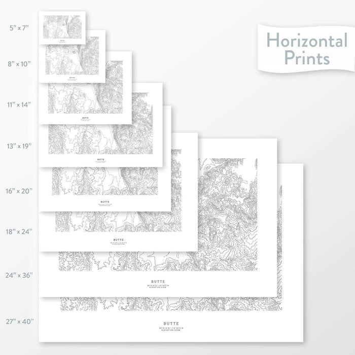 All sizes of horizontal prints for Butte, Montana poster with topographic map.
