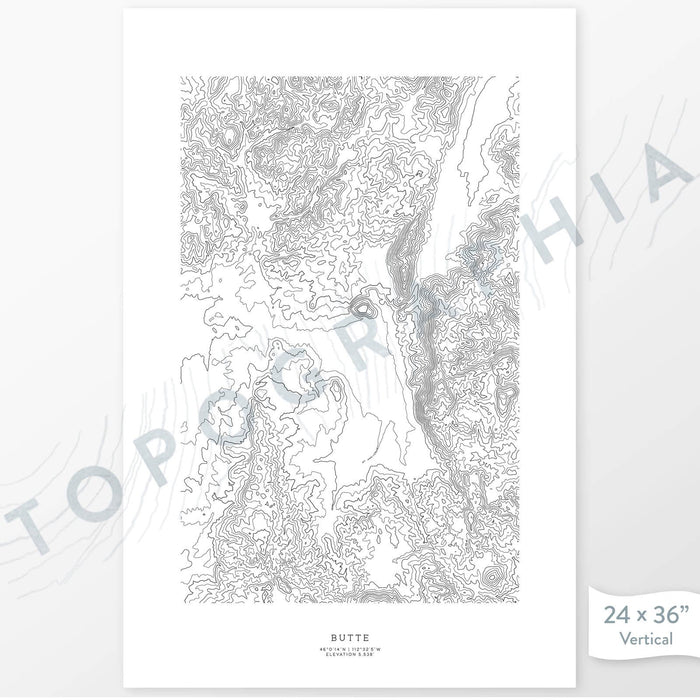 Butte, Montana poster with black and white contour lines to represent topography