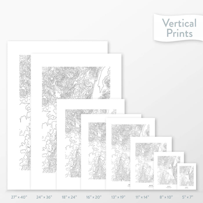 6 sizes of Butte, Montana poster that features a topographic map design.