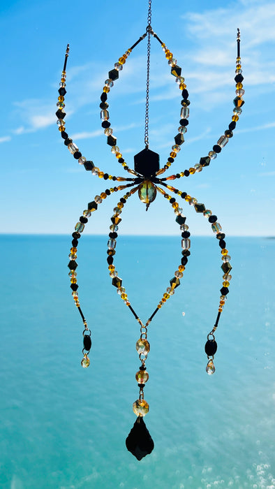 Gilded Shadow – Black & Gold Beaded Spider Suncatcher