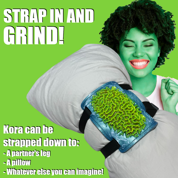 An image explaining how Kora can be strapped down (with included straps) to a partner's leg, a pillow, or whatever else you can imagine (provided the straps fit).