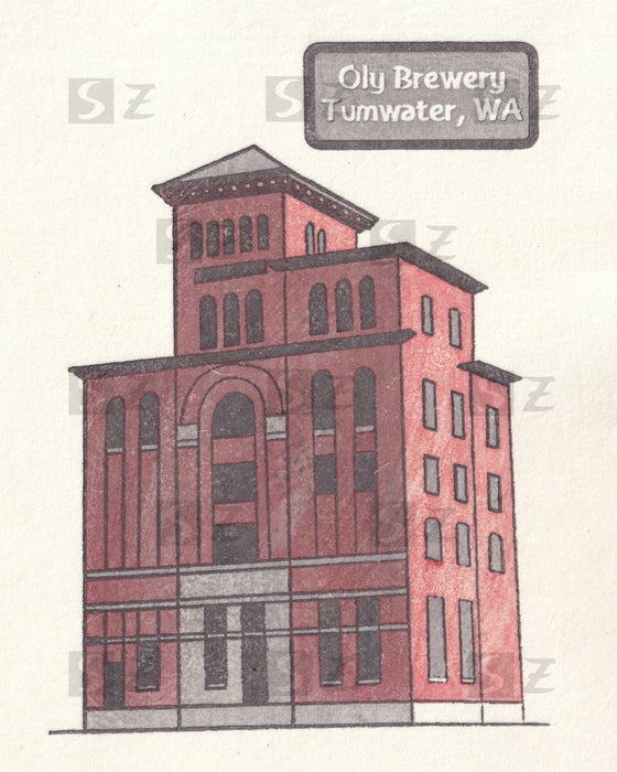 Woodblock print card - Olympia brewery