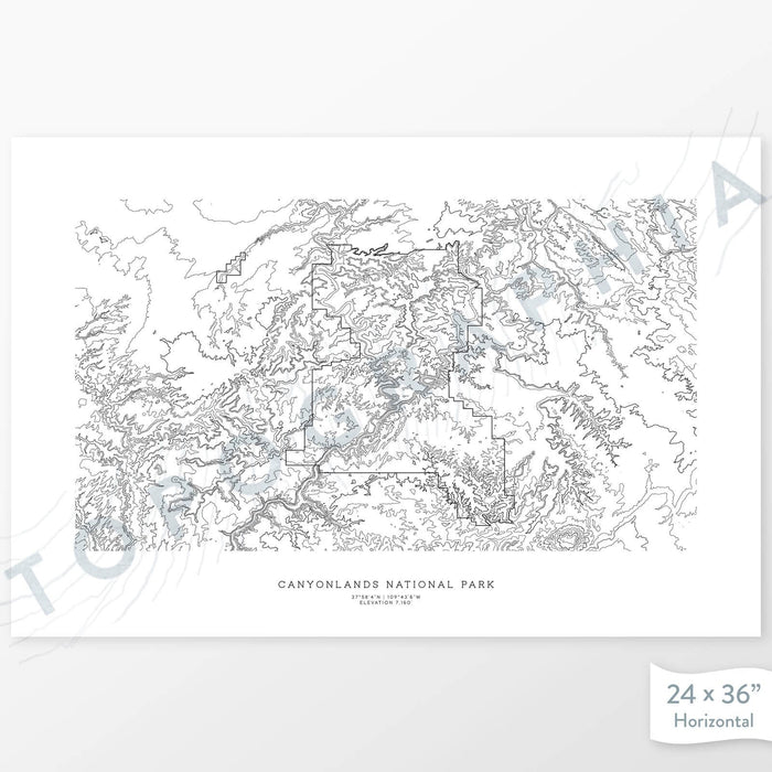 National Park print of Canyonlands with a topographic map. Black contour lines on a white background.