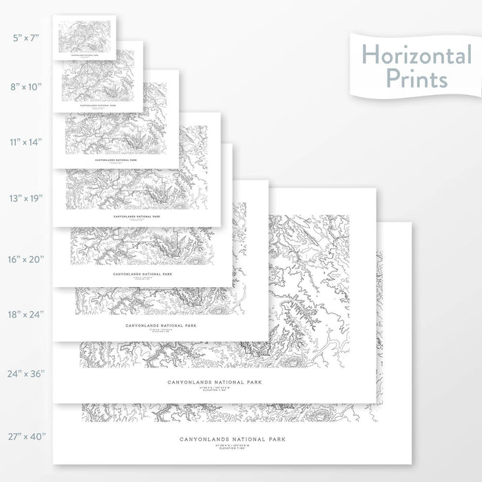 Decorative maps in many sizes of Canyonlands National Park topography: 5x7, 8x10, 11x14, 16x20, 18x24, 24x36, and 27x40.