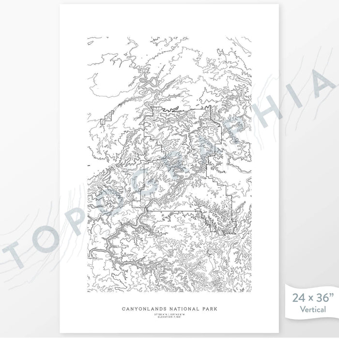 Vertical orientation Canyonlands National Park poster with topographic map design.
