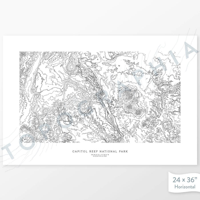Map wall decor of Capitol Reef National Park with modern map art in black and white.