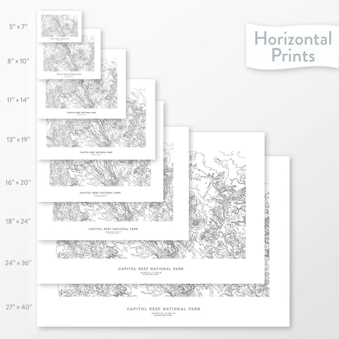 Available sizes for Capitol Reef National Park topographic maps. 5x7, 8x10, 11x14, 16x20, 18x24, 24x36, and 27x40 posters shown. as black and white prints on a gray background.