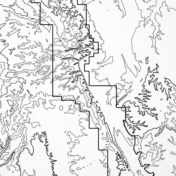 Close-up of black labels and contour lines for Capitol Reef National Park poster with map art.