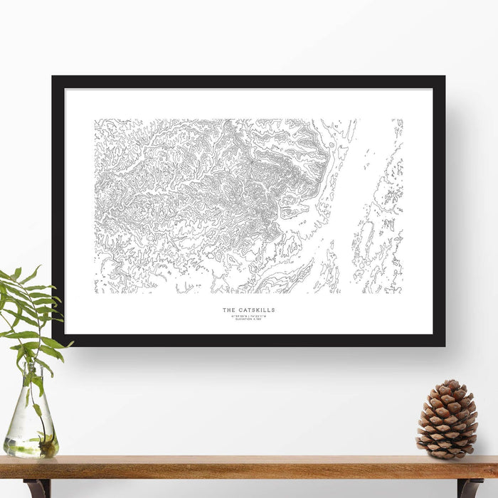 Framed travel art of the Catskill Mountains, featuring topography map art in black and white.