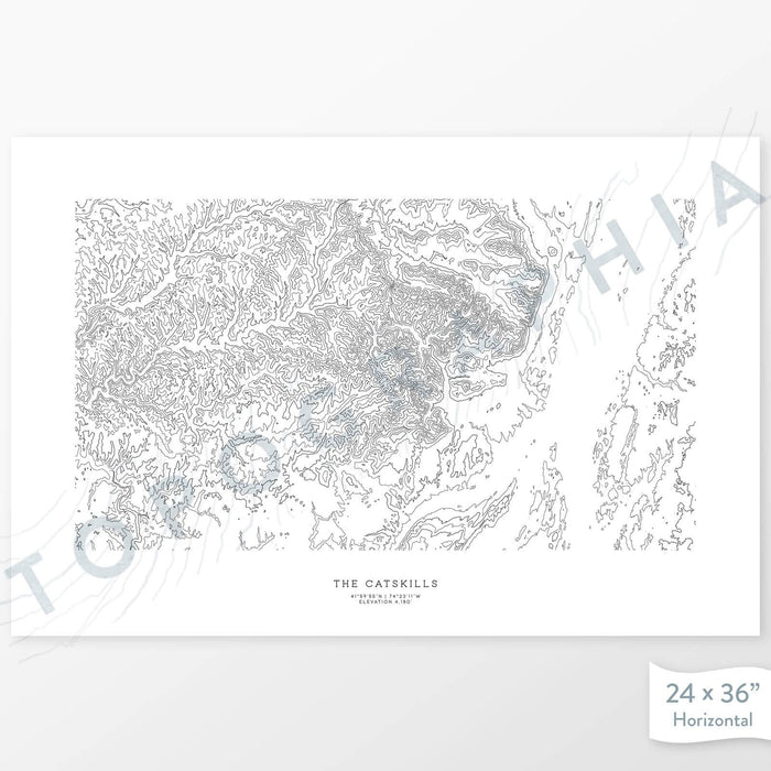 Decorative maps in many sizes of the Catskills Mountains topography: 5x7, 8x10, 11x14, 16x20, 18x24, 24x36, and 27x40.