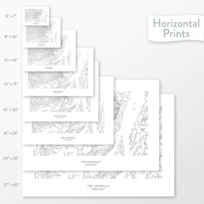 Mountain art print of The Catskills, New York with a topographic map. Black contour lines on a white background.