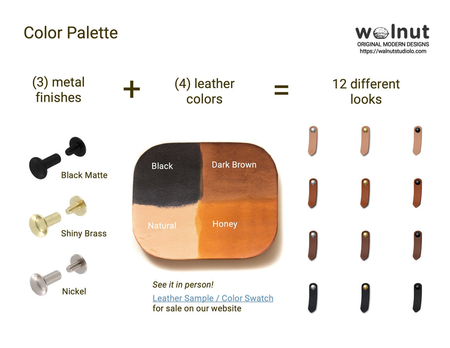 Title: Color Palette. 3 metal finishes (black matte, shiny brass, and nickel) plus 4 leather colors (shown on a color swatch that says, "See it in person! Leather Sample / Color Swatch for sale on our website") equals 12 different looks, with a collage of all metal + leather combinations
