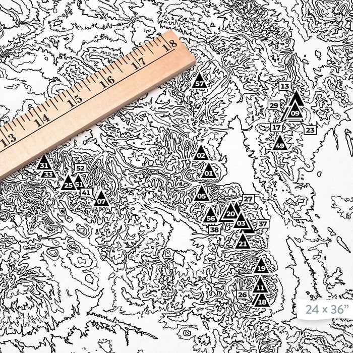 Close-up of Colorado 14ers labeled with black triangles on the map poster.