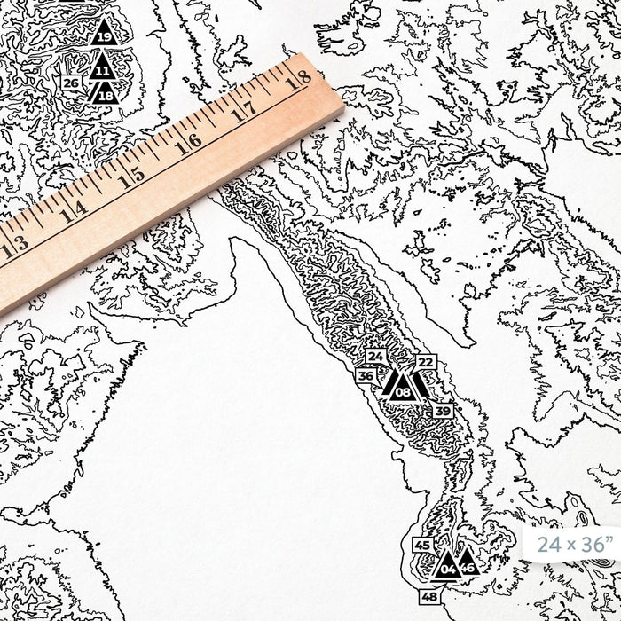 Close-up of black labels and contour lines for Colorado 14ers poster with map art.