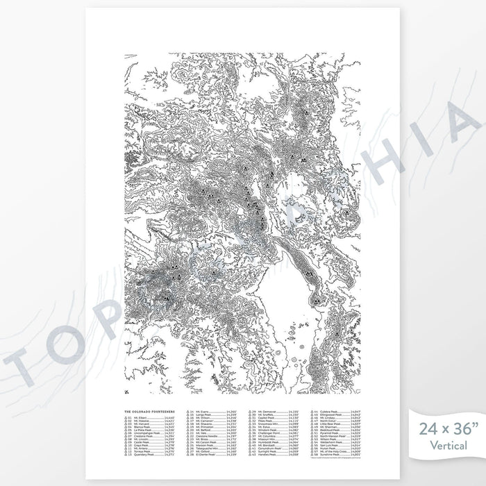 Colorado 14ers poster with black and white contour lines to represent topography and a legend that includes Colorado's 58 highest peaks, ordered by elevation with check boxes to mark mountain summits.