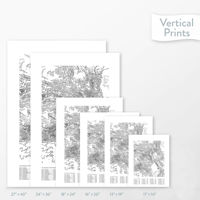 6 sizes of Colorado 14ers poster that features a topographic map design.