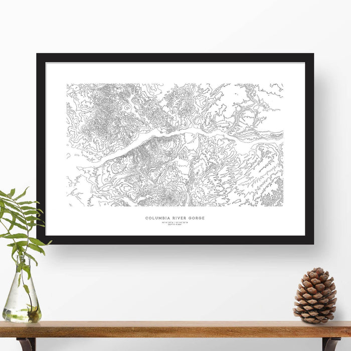Framed travel art of the Columbia River Gorge in Washington and Oregon, featuring topography map art in black and white.