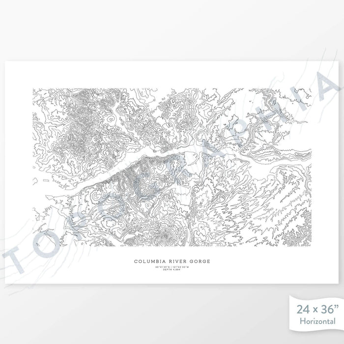 Example topographic map print of the Columbia River Gorge in Washington and Oregon. Art uses horizontal orientation. Print shows landscape of the area using contour lines. On the artwork is a title and concise info of location and elevation.