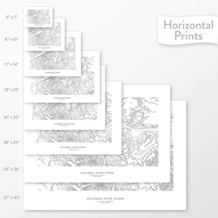 Topographic maps of Columbia River Gorge, Washington and Oregon in multiple sizes, available as posters, framed print, and canvas or framed canvas.
