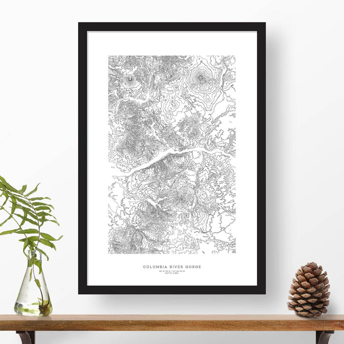 Framed poster print of the Columbia River Gorge in Washigton and Oregon featuring a topographic map.