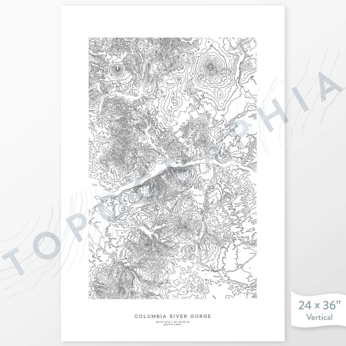 Example art map print of the Columbia River Gorge that separates Washington and Oregon. Art uses verticle orientation. Print shows landscape of the area using elevation data. On the artwork is a title and concise info of location and elevation. Custom map decor