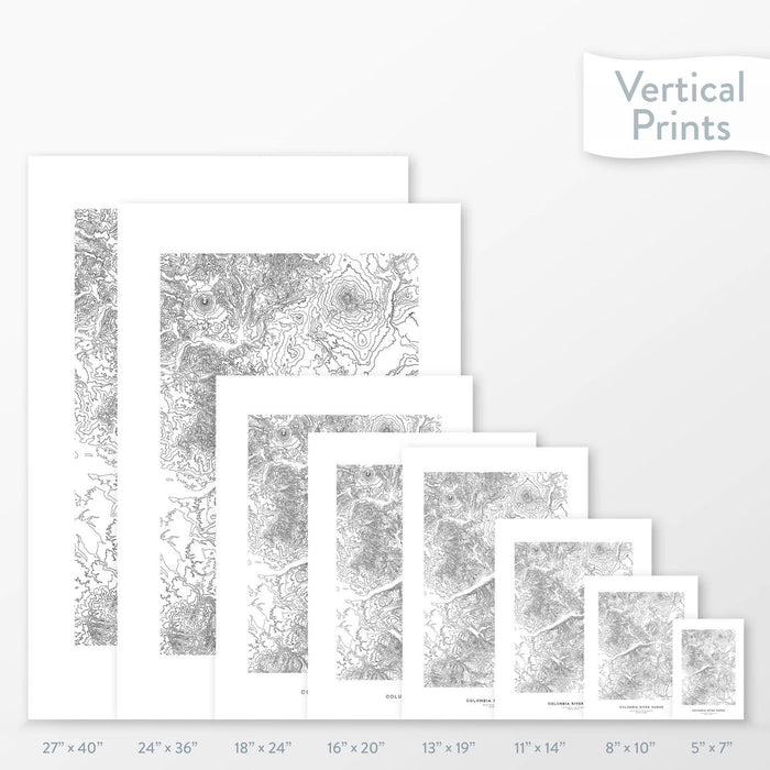 Topographic map art of the Columbia River Gorge in Washington and Oregon, available to buy as posters, framed posters, and wrapped canvas wall art. Sized at 5x7, 8x10, 11x14, 16x20, 18x24, 24x36, and 27x40 inches.