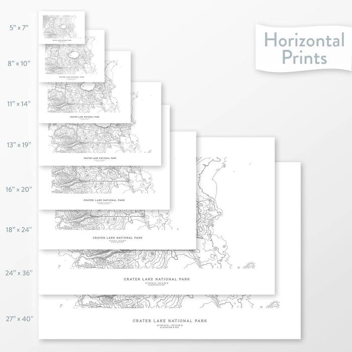 Available sizes for Crater Lake National Park topographic maps. 5x7, 8x10, 11x14, 16x20, 18x24, 24x36, and 27x40 posters shown. as black and white prints on a gray background.