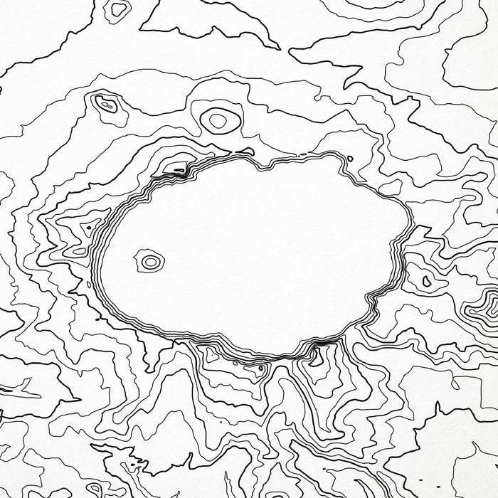 Close-up of black labels and contour lines for Crater Lake National Park poster with map art.