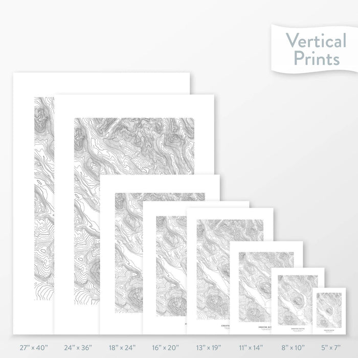Available sizes for Crested Butte, Colorado topographic maps. 5x7, 8x10, 11x14, 16x20, 18x24, 24x36, and 27x40 posters shown. as black and white prints on a gray background.