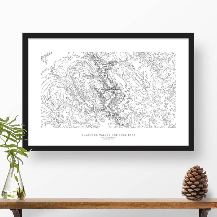 Cuyahoga Valley National Park topographic map art poster with black frame.