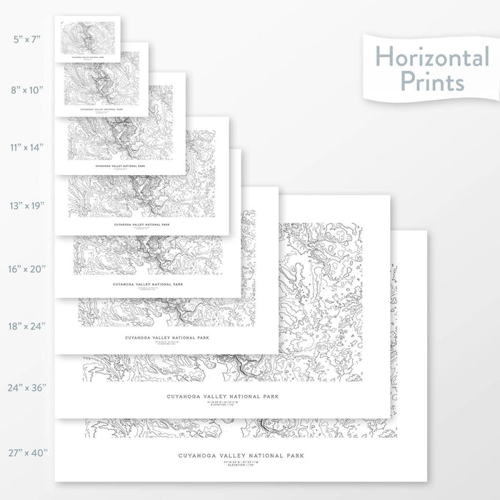 All sizes of horizontal prints for Cuyahoga Valley National Park poster with topographic map.