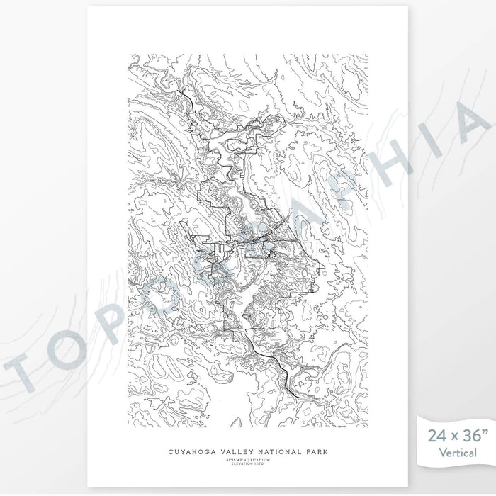 Cuyahoga Valley National Park poster with black and white contour lines to represent topography