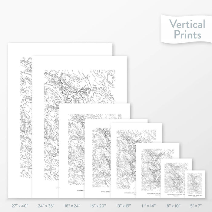6 sizes of Cuyahoga Valley National Park poster that features a topographic map design.