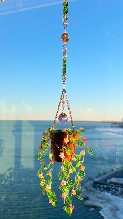 Floral Leafy Plant Suncatcher with Glass Prisms & Spinner