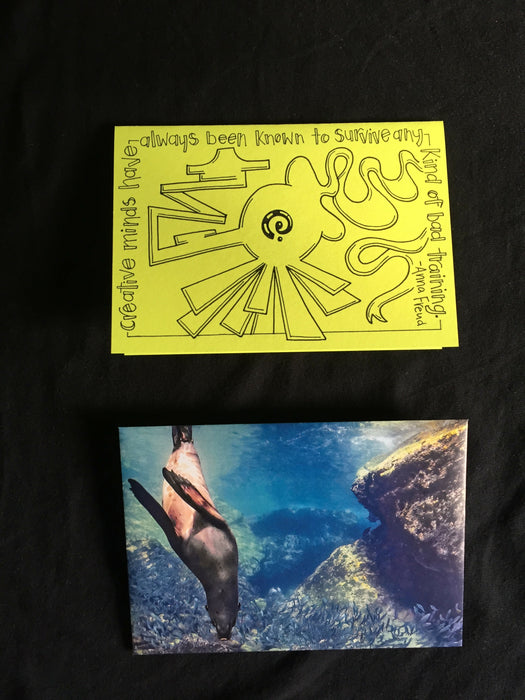 Card features an abstract design with Anna Freud's words, creative minds have always been known to survive any kind of bad training on bright yellow paper. Envelope features photograph of a diving sea lion and fish swimming about.