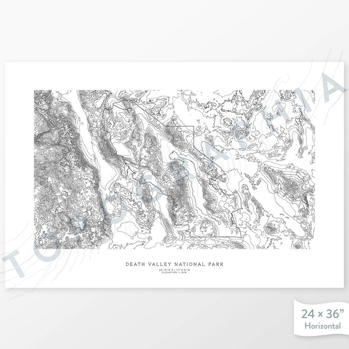 National Park print of Death Valley with a topographic map. Black contour lines on a white background.