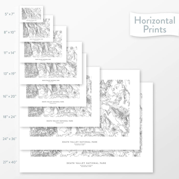 Decorative maps in many sizes of Death Valley National Park topography: 5x7, 8x10, 11x14, 16x20, 18x24, 24x36, and 27x40.