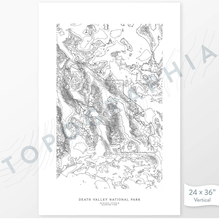 Vertical orientation Death Valley National Park poster with topographic map design.