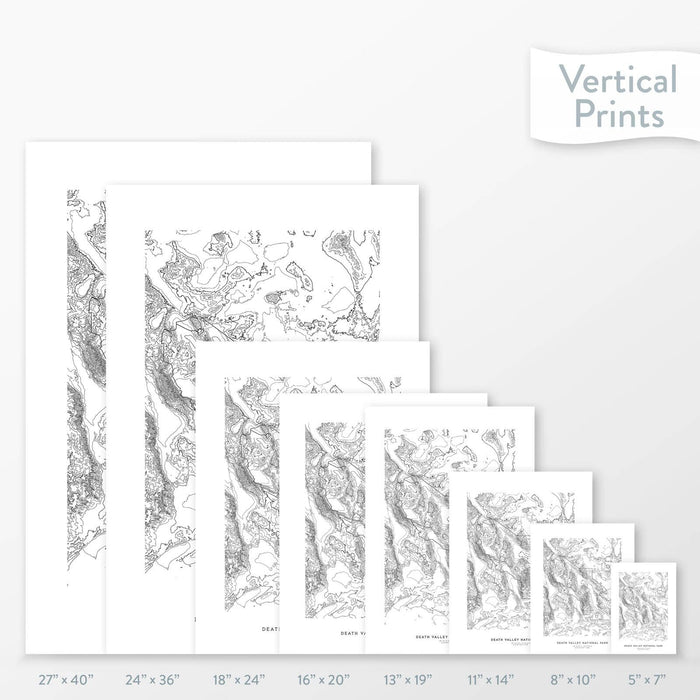 Available sizes for Death Valley National Park topographic maps. 5x7, 8x10, 11x14, 16x20, 18x24, 24x36, and 27x40 posters shown. as black and white prints on a gray background.