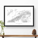 Map wall decor in a black frame. Contour lines of Denali National Park are drawn on a white background. Text  below the map can be customized to create custom adventure art.