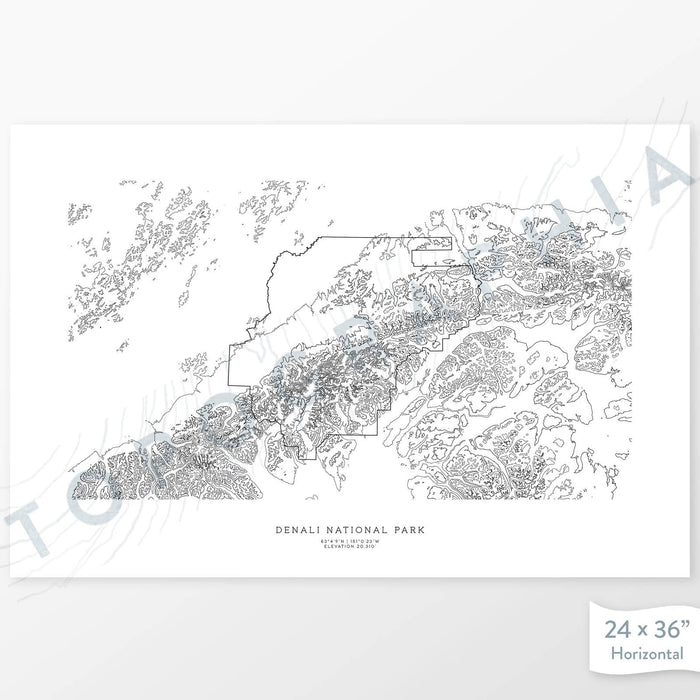 Map wall decor of Denali National Park with modern map art in black and white.