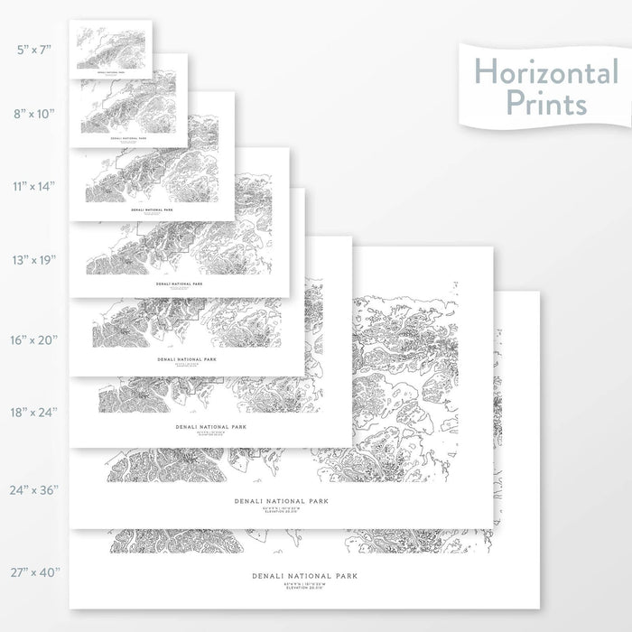 Available sizes for Denali National Park topographic maps. 5x7, 8x10, 11x14, 16x20, 18x24, 24x36, and 27x40 posters shown. as black and white prints on a gray background.